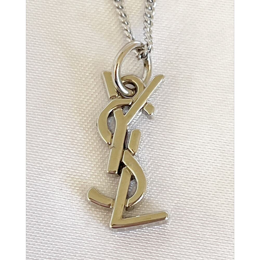 YVES SAINT LAURENT YSL Logo Charm Zipper Pull Pendant Necklace Silver Tone - Picture 4 of 11